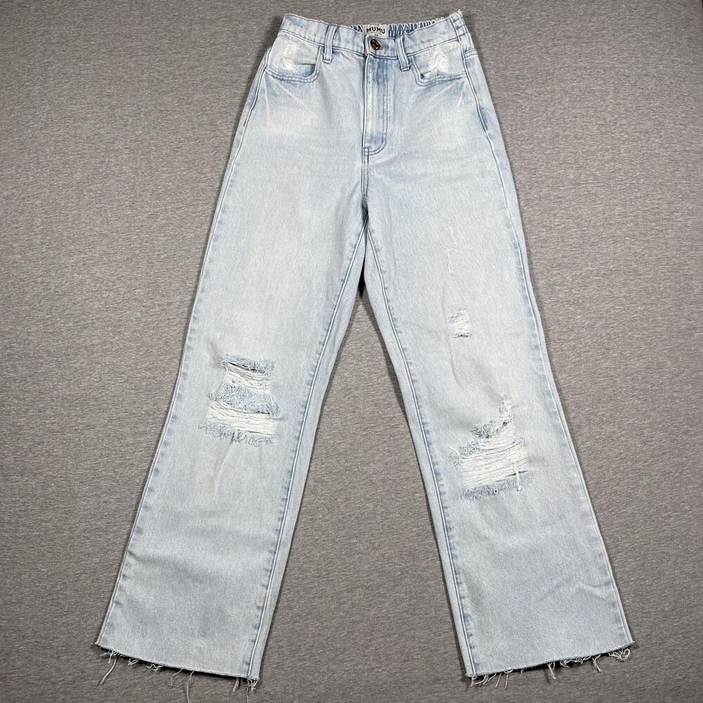 MUMU Jeans Womens 24 Blue 90s Straight High Rise Distressed Powder Denim